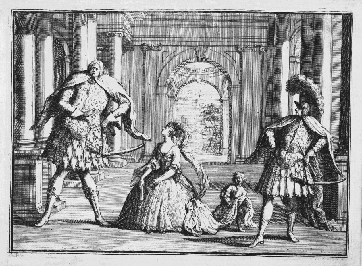 ハンデルの「フラビオ」のファリネッリ、クッゾーニ、セネシーノ、1728年頃 作： ウィリアム・ホガース