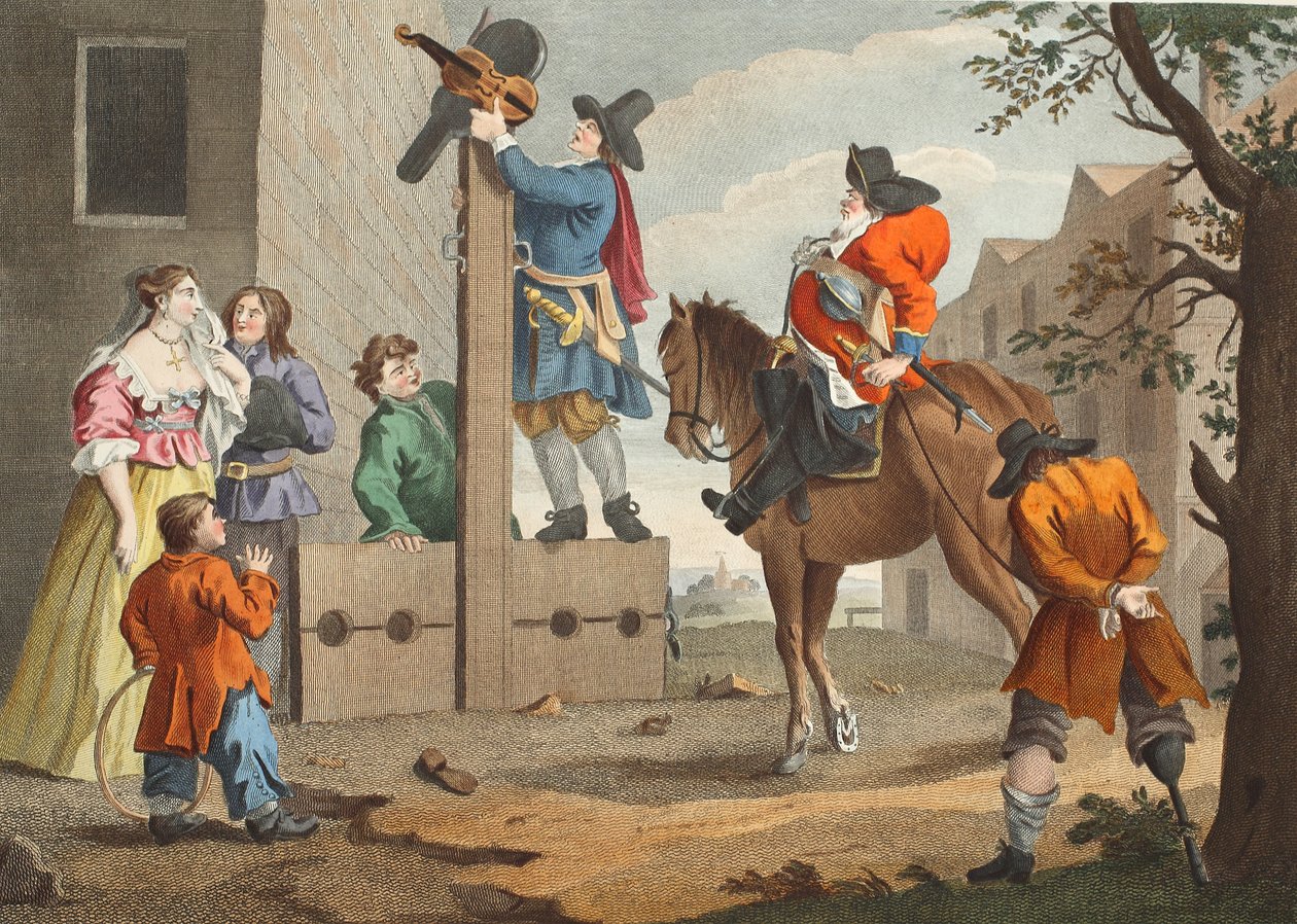 サミュエル バトラー (1612-80) の「Hudibras」より、Triumph で Crowdero を率いる Hudibras、「Hogarth Restored: The Whole Works of the Celebrity William Hogarth, re-engraved by Thomas Cook」のイラスト、パブ。 1812年（手彩色彫刻） 作： ウィリアム・ホガース