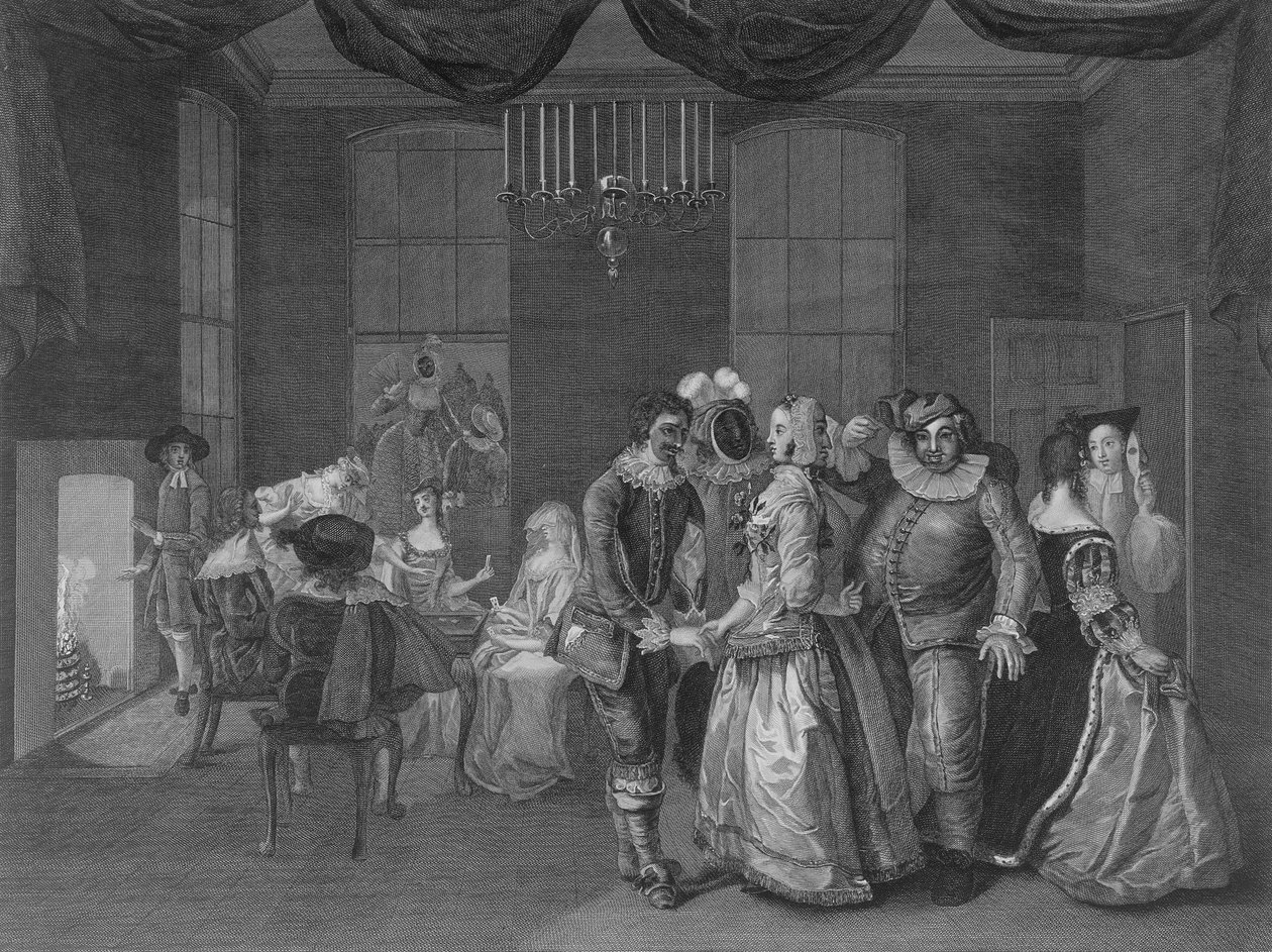 1805年の仮面舞踏会の衣装を着た人物が描かれたサマセットハウスの内部ビュー 作： ウィリアム・ホガース