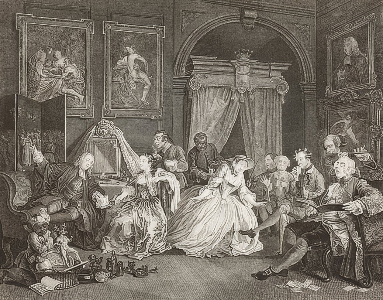 結婚アラファッション。シート4：トイレ-伯爵夫人のレバー。 1745（画像番号2221も参照） 作： ウィリアム・ホガース