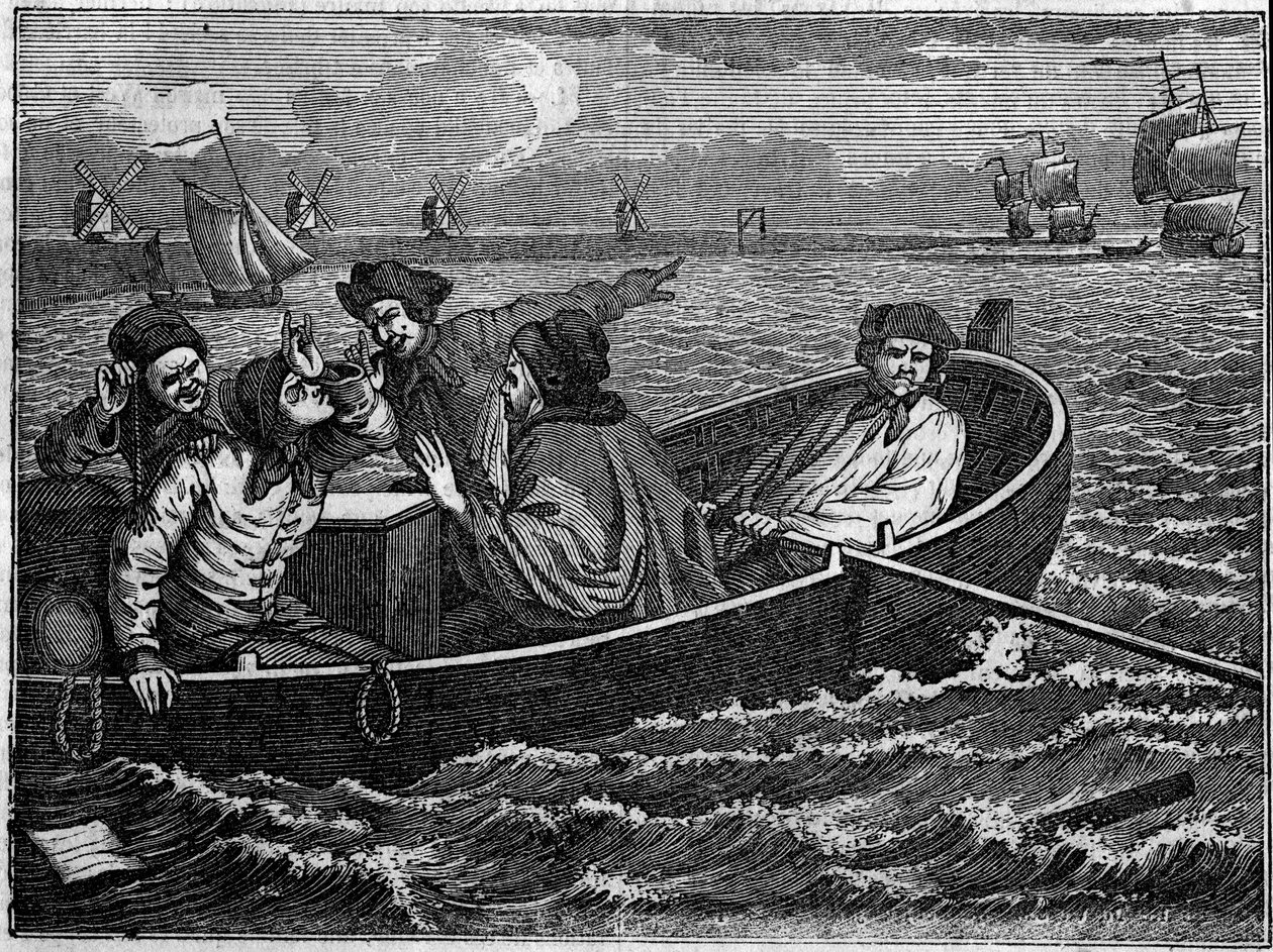 Platte aus einer Serie von 12 Gravuren von William Hogarth (1697-1764), britischer Illustrator, mit dem Titel „Fleiß und Faulheit“, „Eifer und Faulheit“, die die Karrieren von zwei Lehrlingen erzählen: Thomas Idle, der Faule, jagt alle Werkstätten und wird von William Hogarth