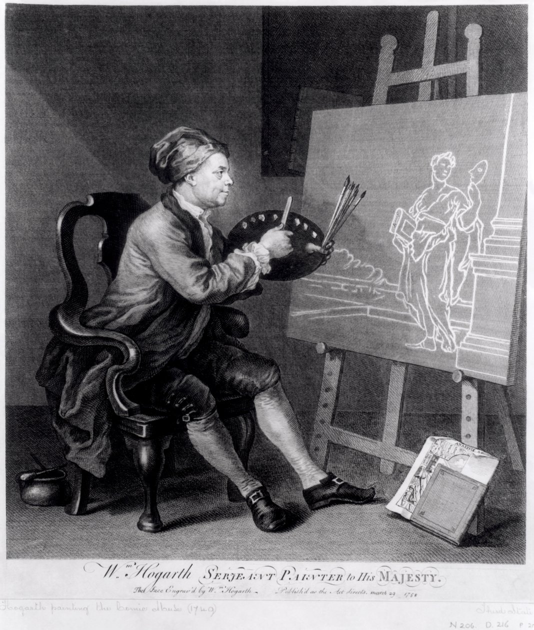 アーティスト、パブによって刻まれたコミックミューズを描いた自画像。 1758 作： ウィリアム・ホガース