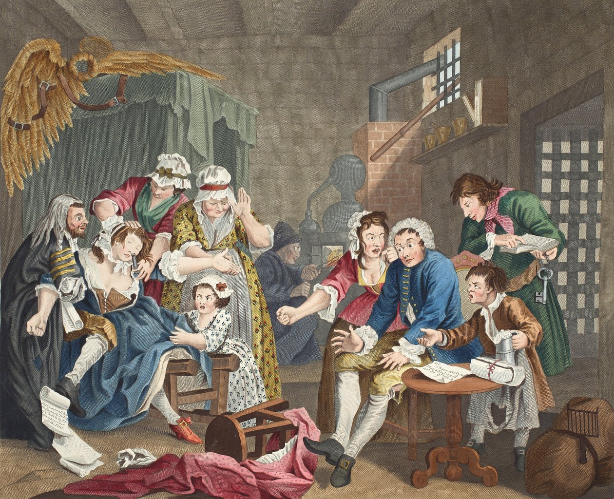 刑務所にある熊手、プレートVII、「A Rake&39;s Progress」、イラスト「Hogarth Restored：The Whole Works of the有名なWilliam Hogarth、re-engraved by Thomas Cook」、パブ。 1812（手塗りのe 作： ウィリアム・ホガース