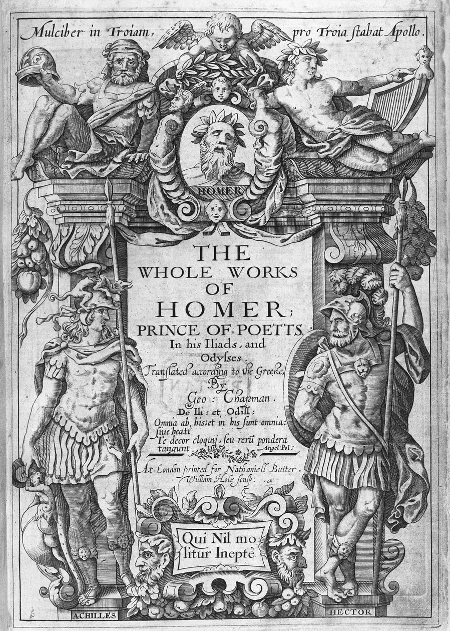 1614-16年に出版されたジョージチャップマンによって翻訳された「ホーマーの全作品」のタイトルページ 作： ウィリアム・ホール