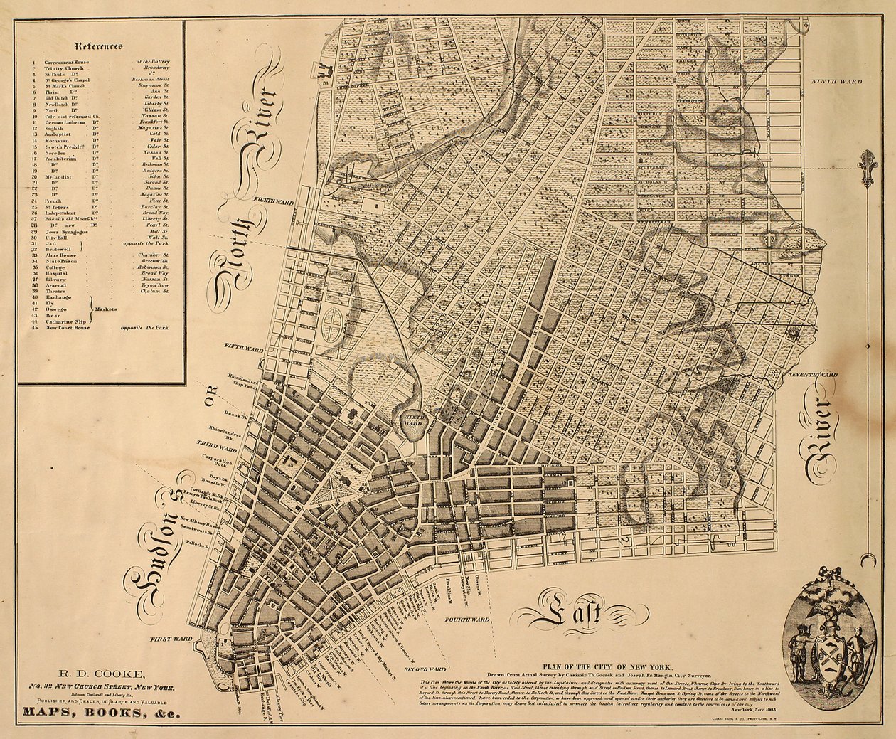 ニューヨーク市の計画[East 31st Streetまでの極北]、1817年（紙に黒インク、布で裏打ち） 作： ウィリアムフッカー