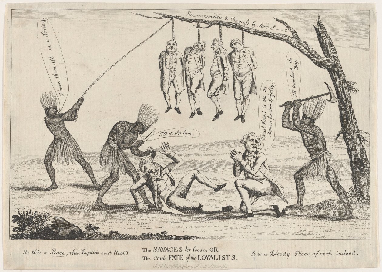 1783年の「野蛮人の解放」または「ロイヤリストの残酷な運命」。 作： ウィリアム・ハンフリー