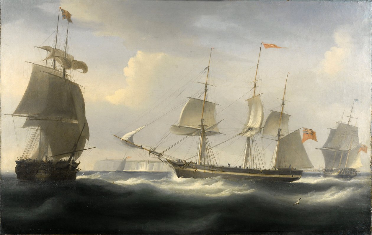 1788年、ロンドンと東インド諸島を結ぶ貿易のためにテムズ川で建造された船「デラフォード号」。キャンバスに油彩、1830年頃、ウィリアム・ジョン・ハギンズ（1781-1845）作。 作： ウィリアム・ジョン・ハギンズ