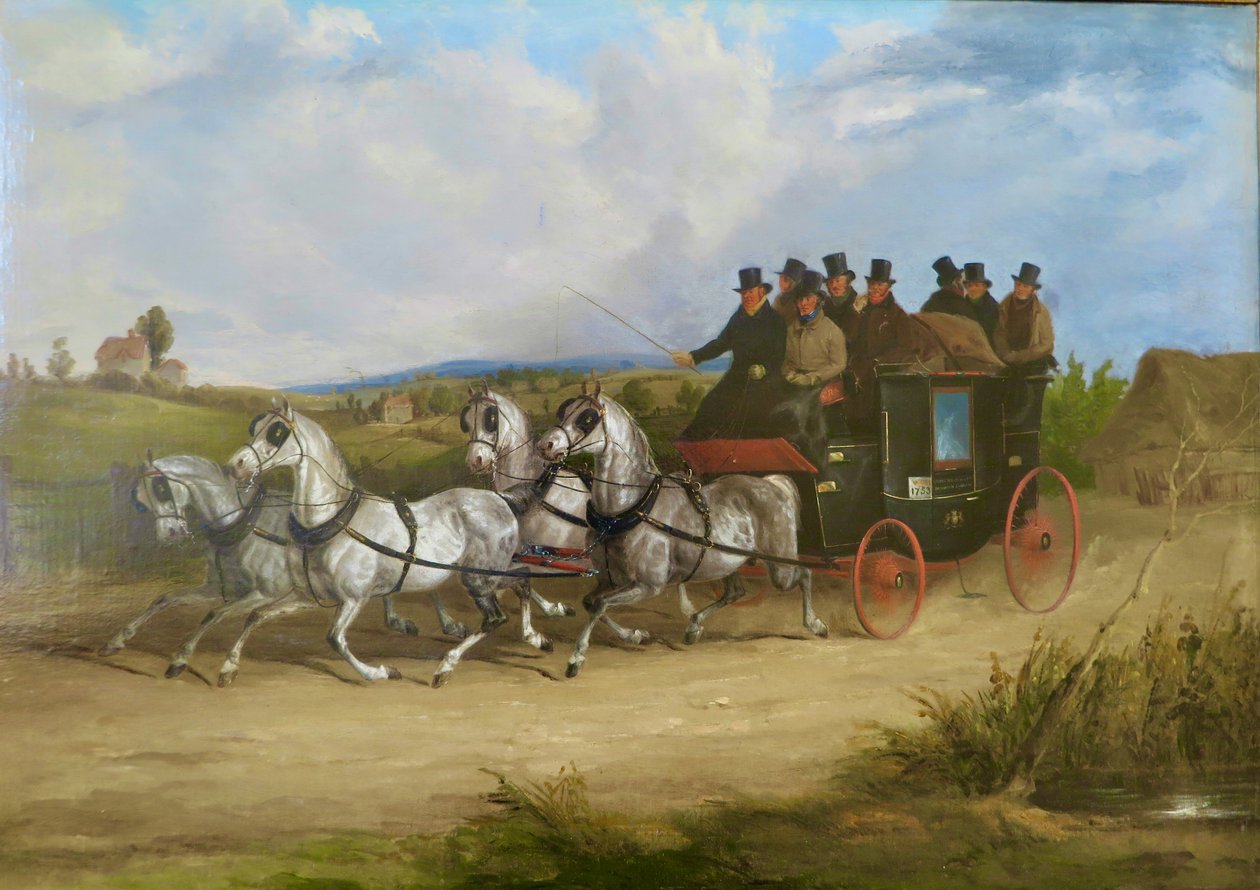 灰色の馬に引かれたロンドンからブライトンへの馬車（油彩・キャンバス） 作： ウィリアム・ジョセフ・シェイヤー