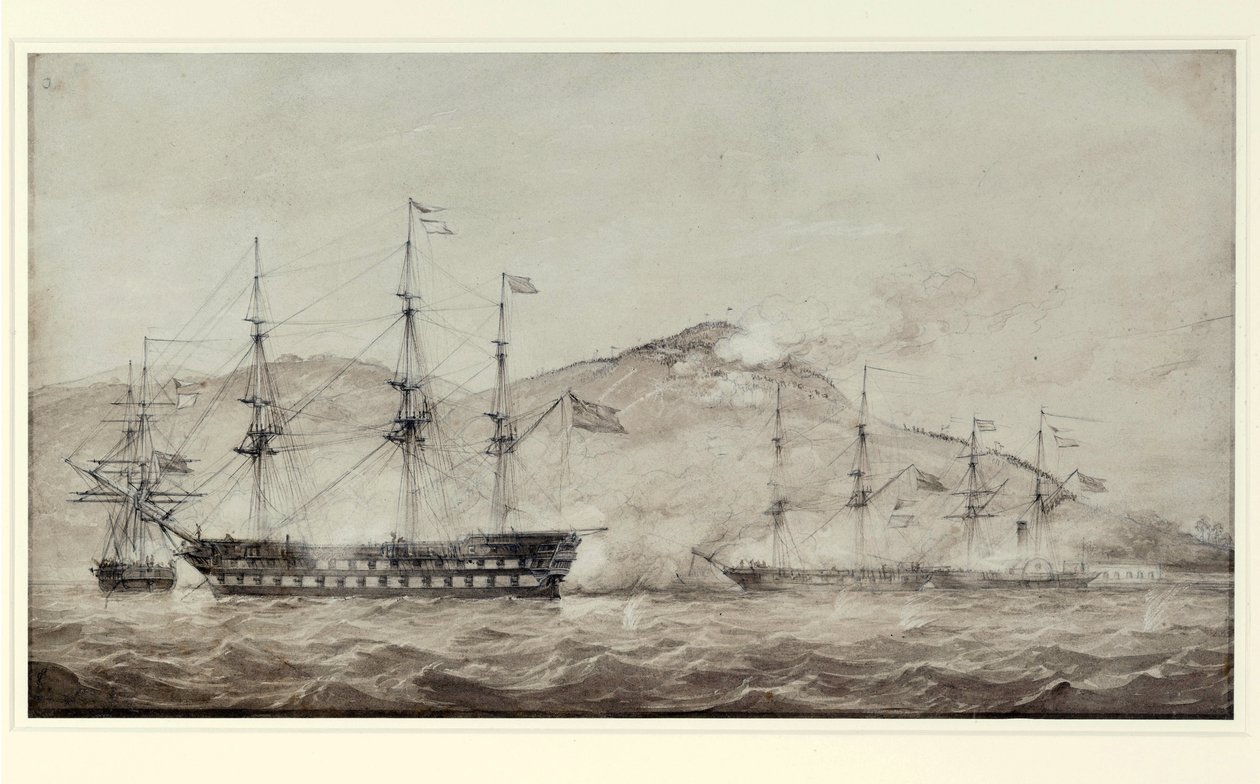 1841年、アモイ（中国）沖のHMS船ウェルズリー号、コロンバイン号、グリゼル号。ラヴィス 作： ウィリアム・ジョイ