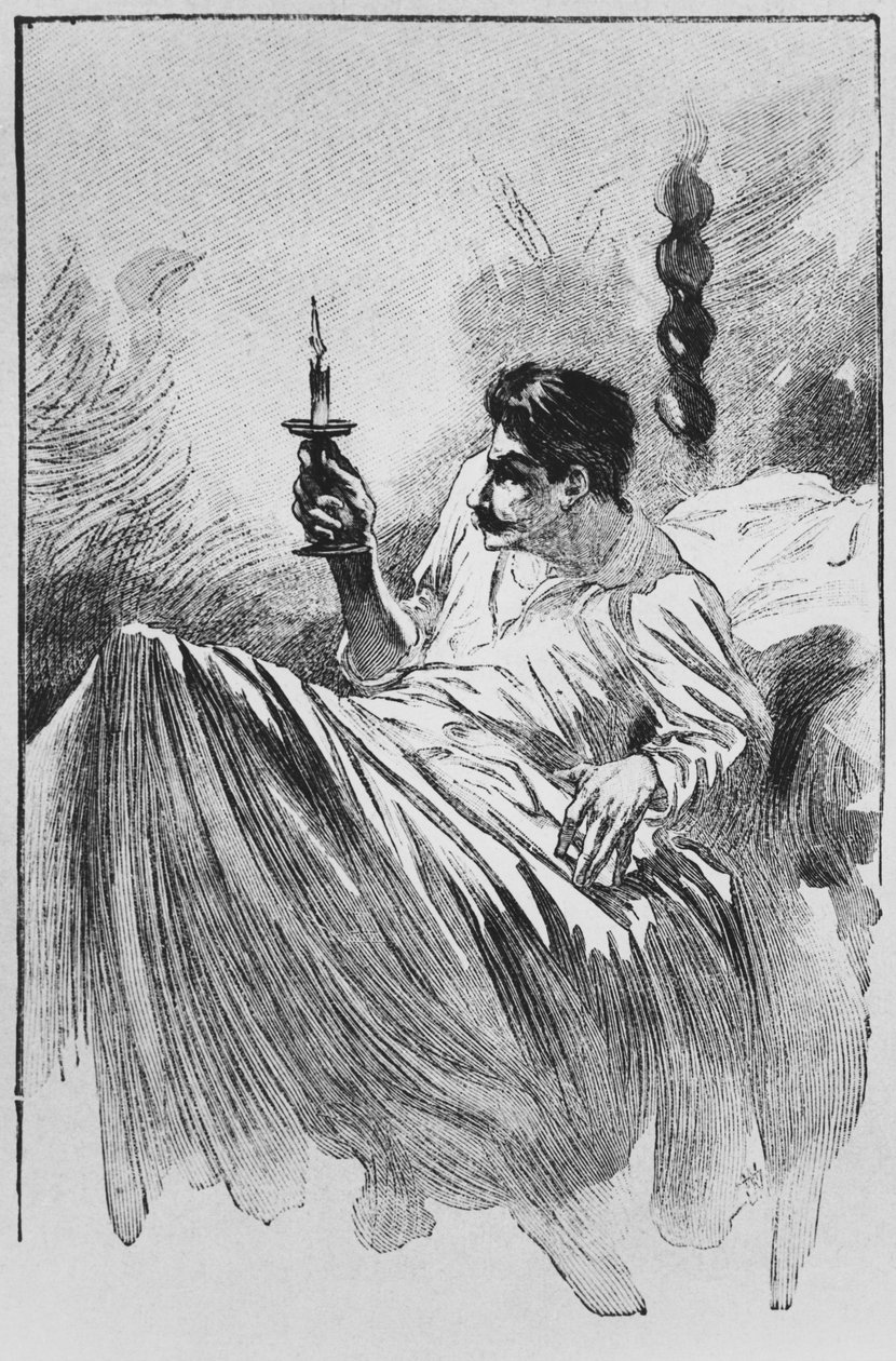 ベッドの中でのナレーター、ガイ・ド・モーパッサン（1850-93）による「ル・ホーラ」のイラスト、ジョルジュ・ルモワン、パリ、エディションアルビン・ミッシェル、1910年頃（木製彫刻） 作： ウィリアム・ジュリアン・ダマジー