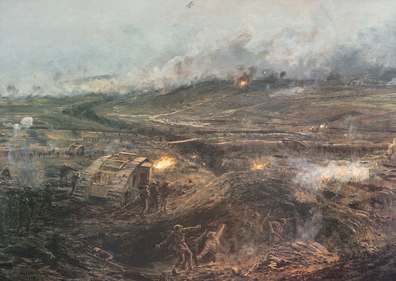 1917年11月20日の夜明け」-フランスのカンブレーでイギリスの戦車が行動を開始する 作： ウィリアムライオネル（後）ワイリー
