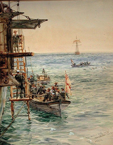 サンタ・ポーラのH.M.S.テセウス号を乗せた日食パーティ（水彩・紙） 作： ウィリアムライオネルワイリー
