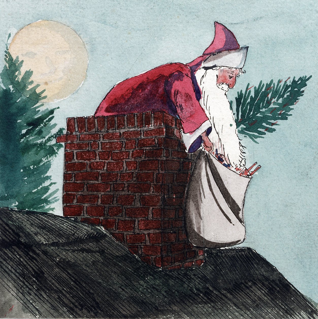 煙突から降りてきたサンタクロースが、おもちゃの詰まった袋とクリスマスツリーを引いている。ウィリアム・ライオネル・ウィリー（1851-1931）による水彩画、20世紀初頭。 作： ウィリアムライオネルワイリー