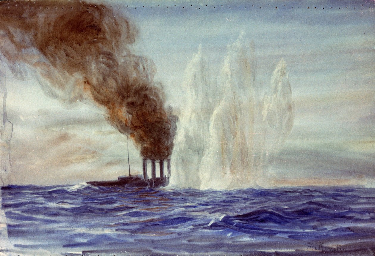 ユトランド海戦での「サウサンプトン」、1916-18年頃（水彩画） 作： ウィリアムライオネルワイリー
