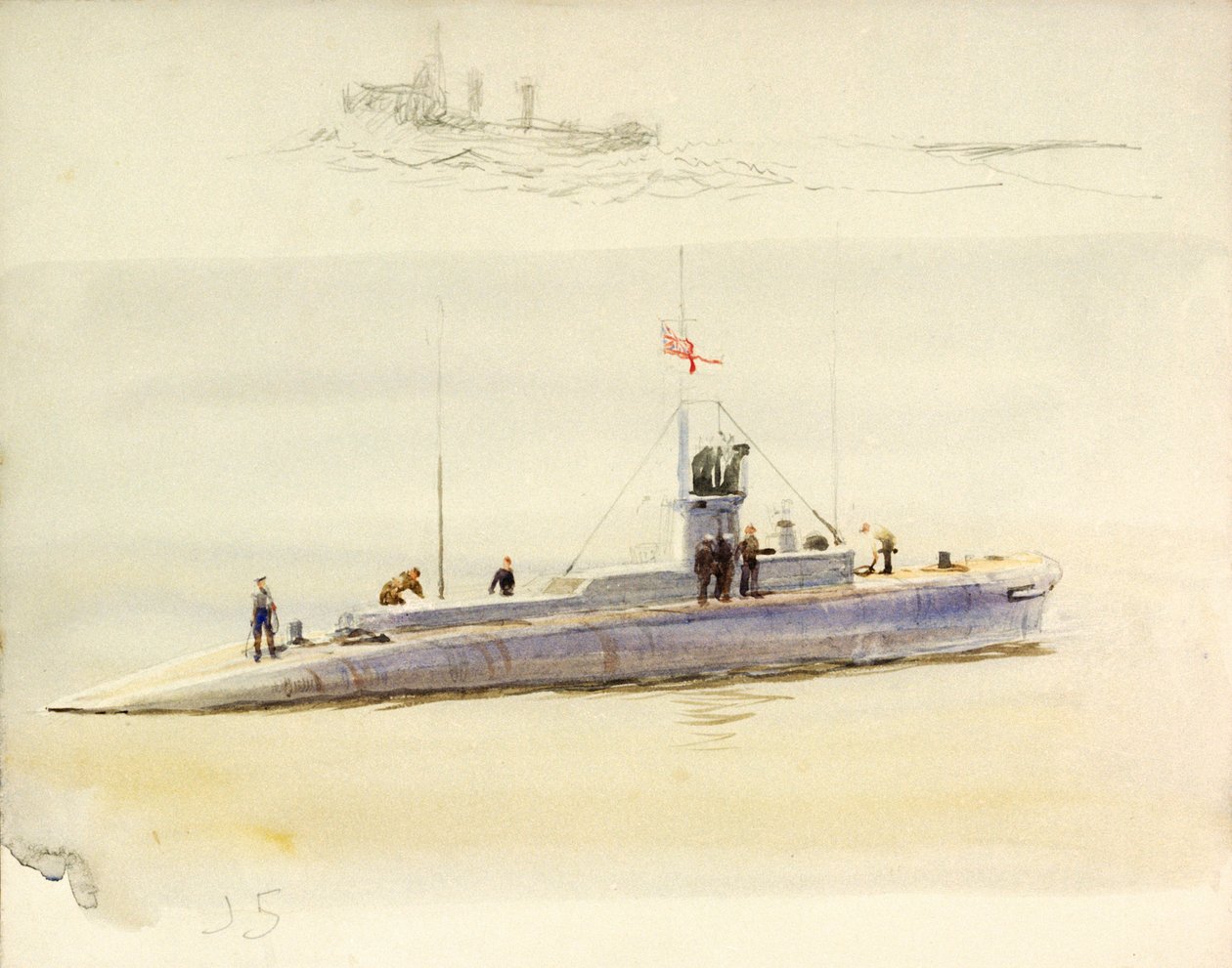 潜水艦J.5と他の戦闘艦の下絵、20世紀初頭（水彩、黒鉛画） 作： ウィリアムライオネルワイリー