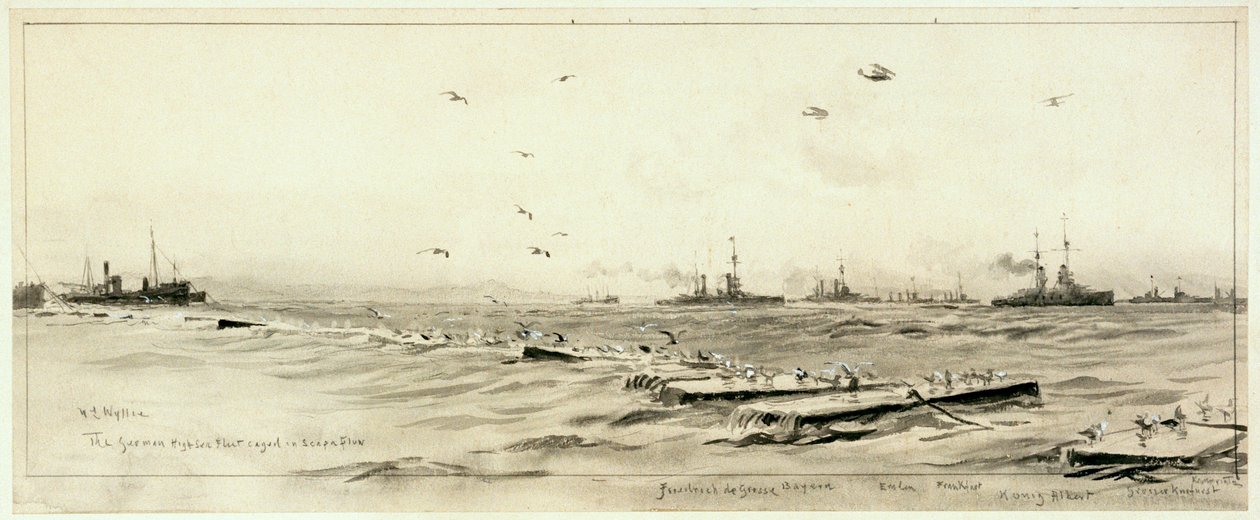スカパに籠城するドイツ公海艦隊、1918年頃（ウォッシュ、グレー、白で強調） 作： ウィリアムライオネルワイリー