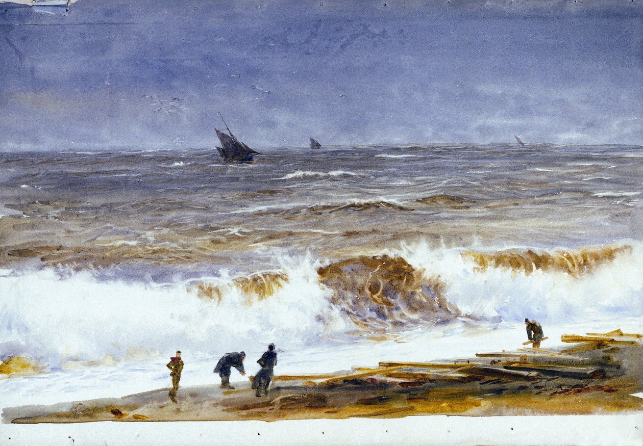 ベルク・シュル・メール（Berck-sur-Mer）（フランス）の浜辺、波立つ海と浜辺の人物。ウィリアム・ライオネル・ウィリー（1851-1931）による水彩画、1890年以降。 作： ウィリアムライオネルワイリー