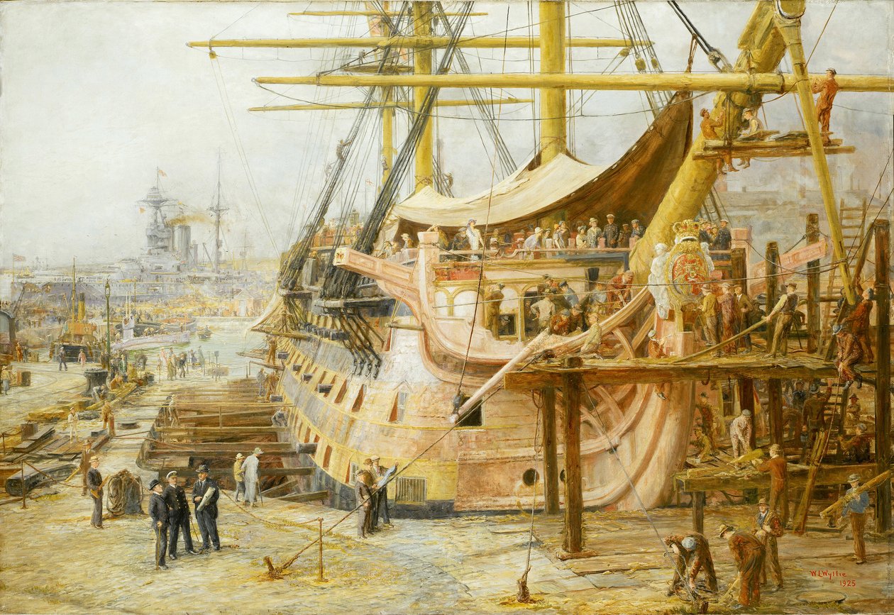 ポーツマス（イギリス）のドック水域にあるHMS「ヴィクトリー」の修復。トラファルガー（1805年）の戦勝記念艦を保存するため、国を挙げての大規模な資金調達作戦が開始された後、1925年4月に海に戻された。 作： ウィリアムライオネルワイリー