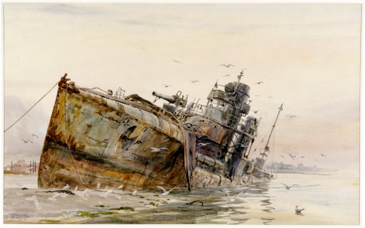 噴水湖のV82ドイツ駆逐艦」1920-22年頃（水彩画） 作： ウィリアムライオネルワイリー