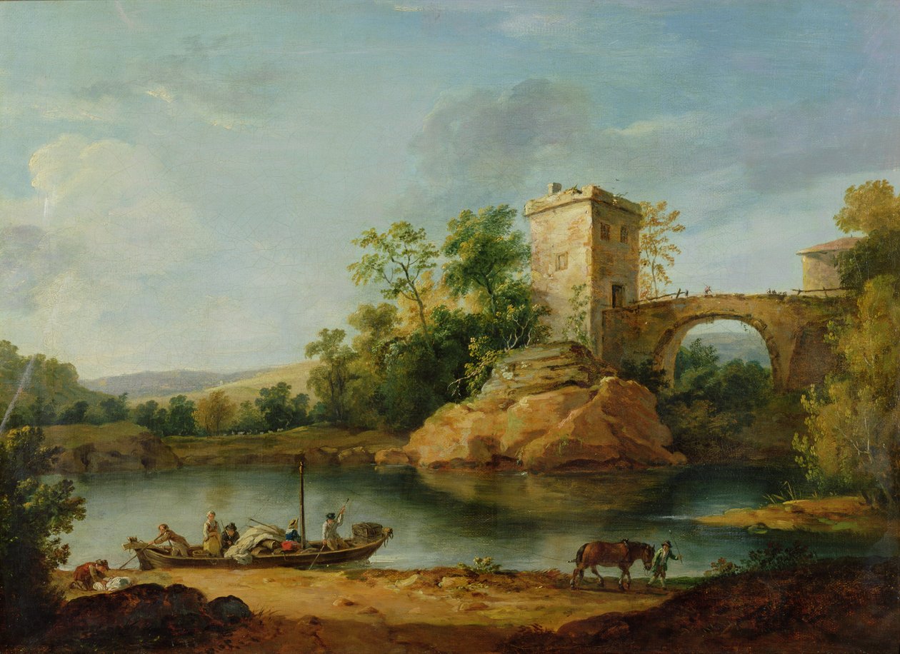 はしけに乗った農民とその向こうの橋を描いたイタリアの木立のある川の風景、1770年頃（水彩画 作： ウィリアム・マーロウ