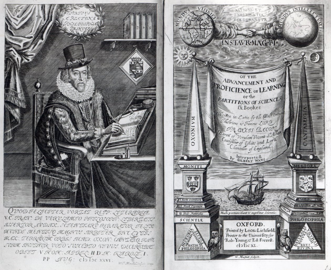 フランシスベーコンの「Instauratio Magna」の前絵とタイトルページ、1640 作： ウィリアム・マーシャル