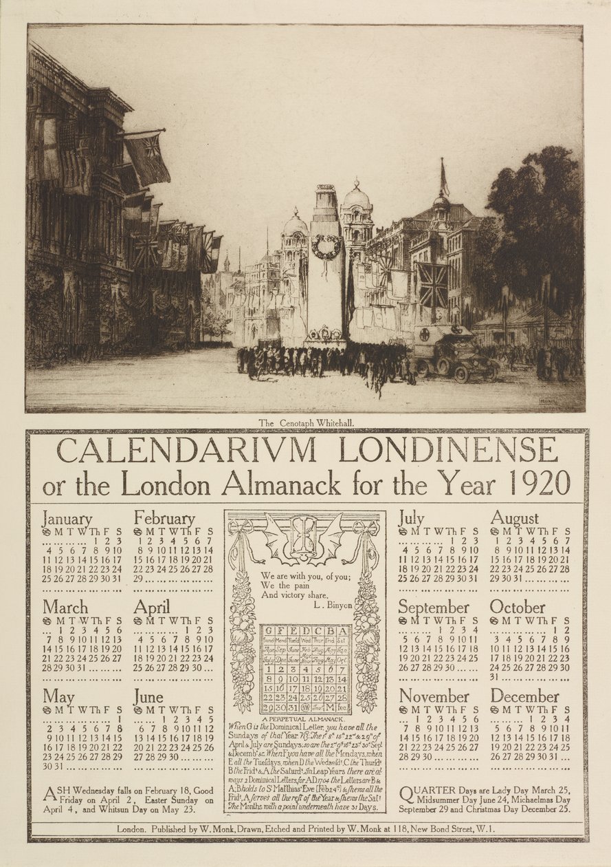 カレンダリウムロンディネンセ、または1920年のロンドン年鑑、1919年のホワイトホールのセノタフの景色が上にあります 作： ウィリアム・モンク