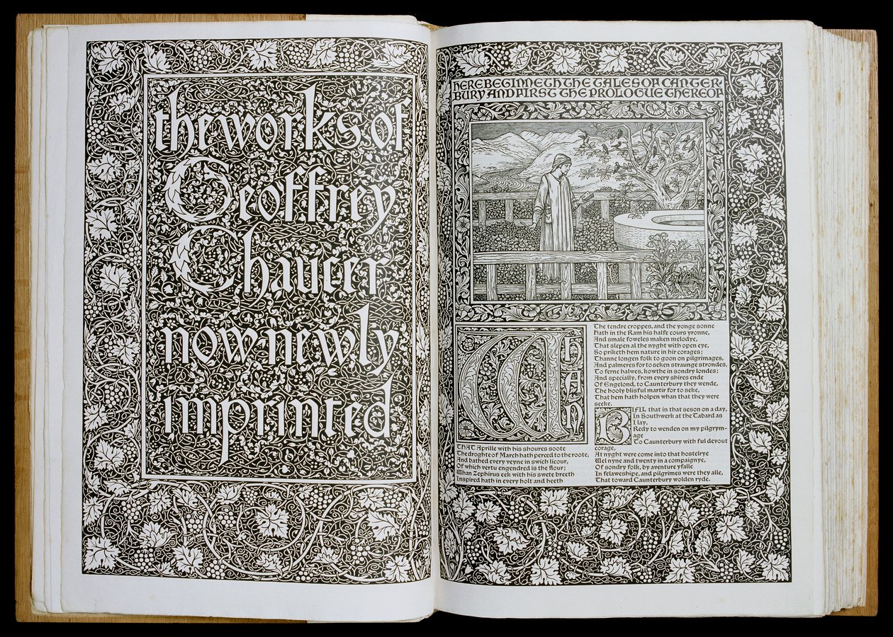 1896年にケルムスコット・プレスから出版された「ジェフリー・チョーサーの作品」のタイトルページと口絵（木版画） 作： ウィリアム・モリス