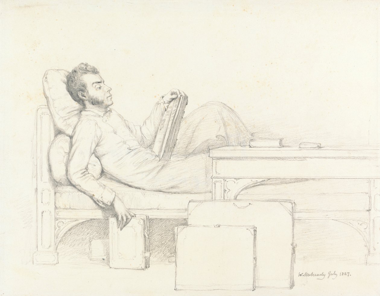 Auto-retrato do artista reclinado em um sofá gótico lendo um livro 作： ウィリアム・マルレディ