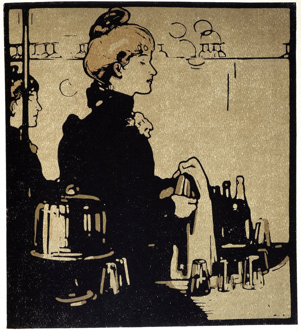 若い女性バーテンダー、ロンドン - 「「ロンドンの種類」」、ウィリアム・ニコルソン (1872-1949)、エド・フローリー 作： ウィリアム・ニコルソン