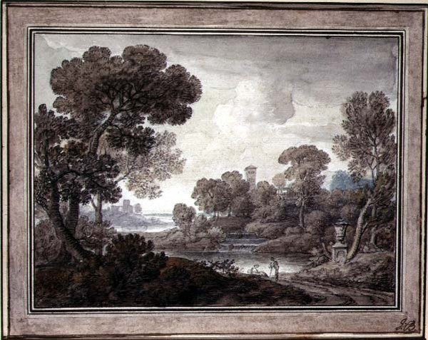 古典的な風景、1770年頃（紙にペンとインク、水彩画） 作： ウィリアム・オラム