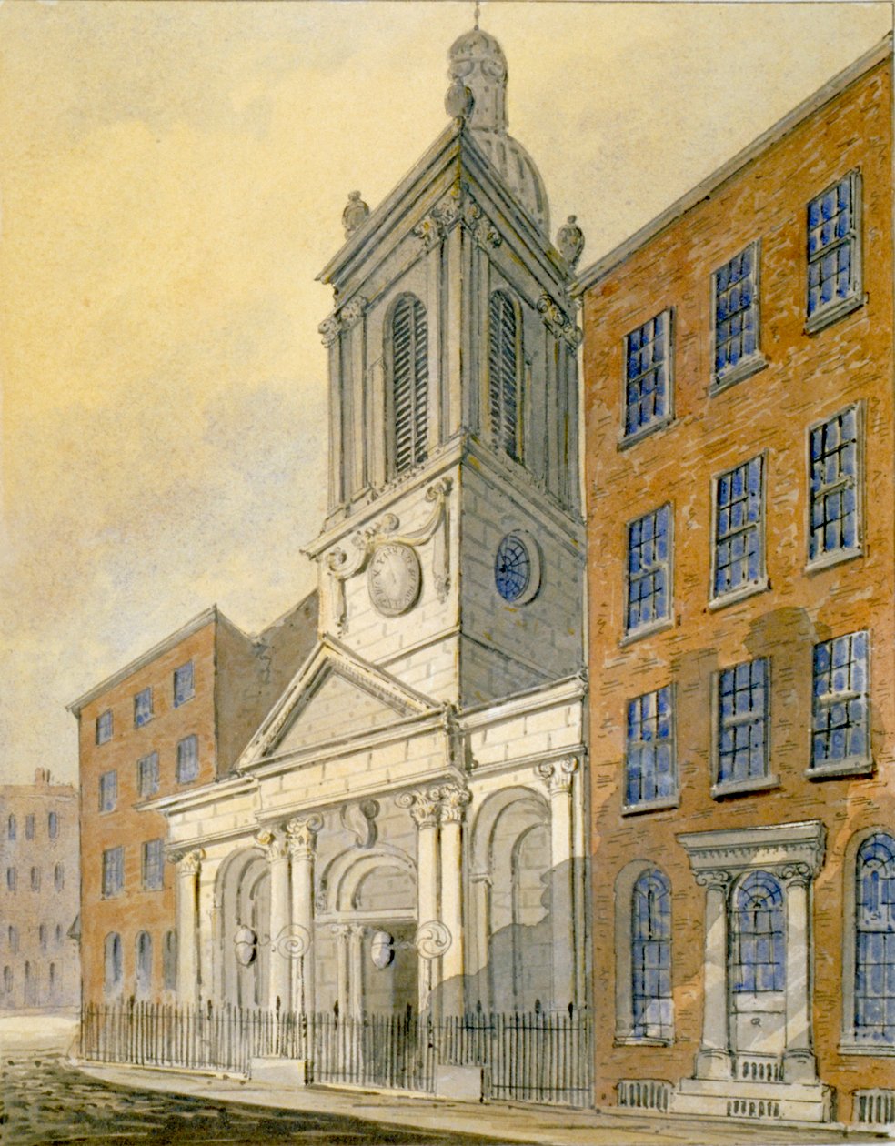 1815年、ロンドン市のセント・ピーター・ル・ポア教会とオールド・ブロード・ストリートの北東方向の眺め 作： ウィリアム・ピアソン