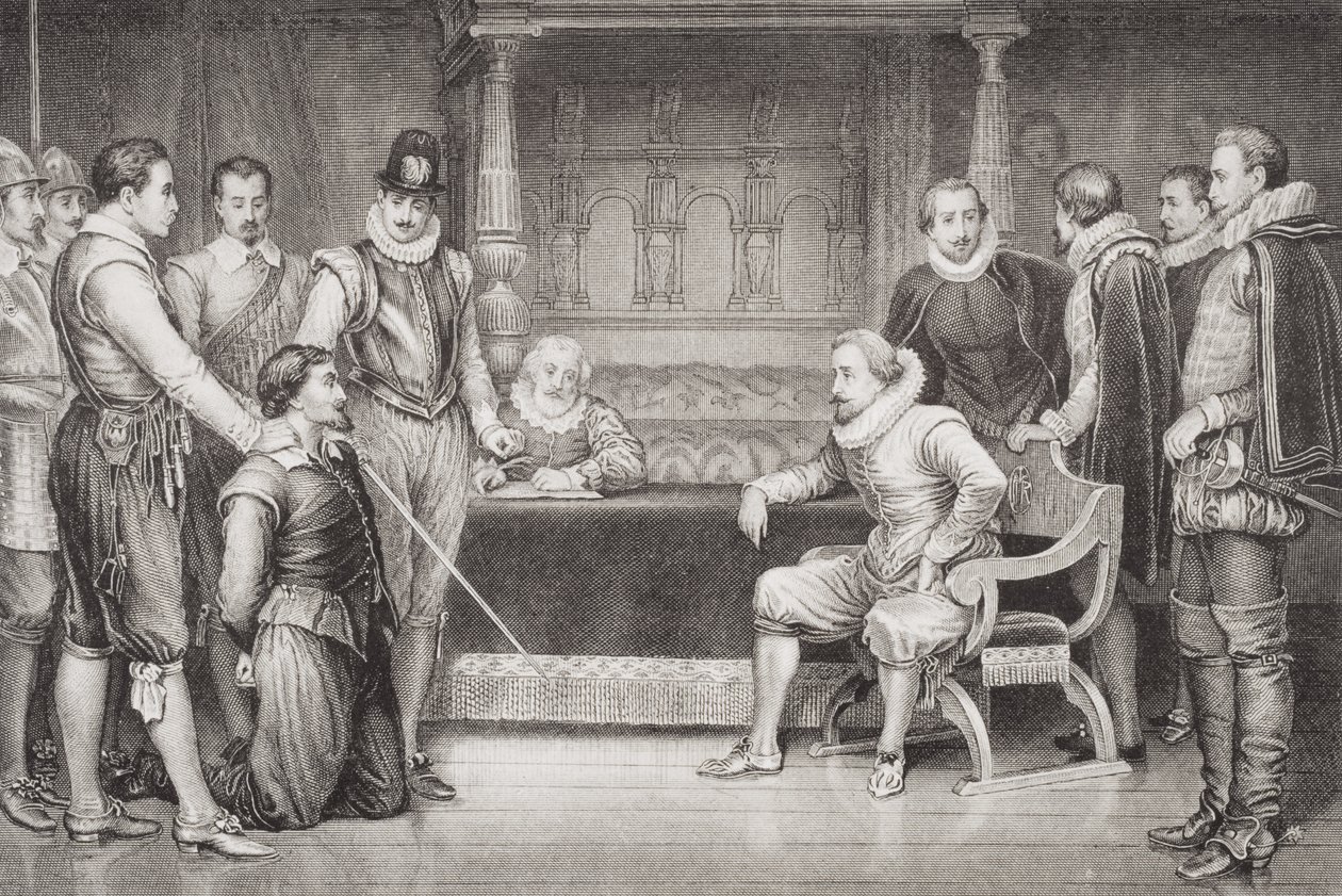 ガイフォークス（1570-1606）は、ジェームズ1世（1566-1625）とキングの寝室にある彼の評議会から、「英語とスコットランドの歴史のイラスト」第1巻から尋問を受けました。 作： ウィリアム・ラルストン