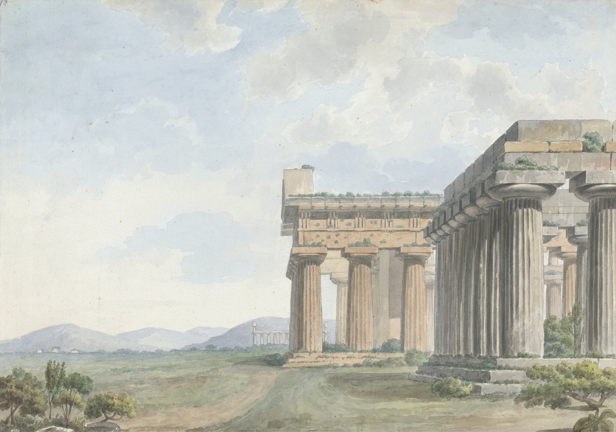 レヴァントのビュー：ペストゥムの寺院遺跡、c.1785（紙と黒鉛の上にペンとインクを備えたトイレ） 作： ウィリアム・レヴリー