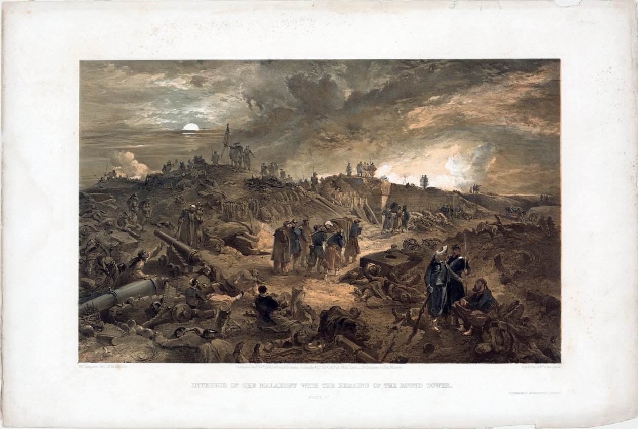 クリミア戦争 (1853-1856): 1855 年 9 月 8 日、マラコフの塔を占領した後、廃墟の中にいるフランス軍、セバストポル (ウクライナ) の包囲のエピソード (1855 年 9 月 8 日のマラコフの占領後) - ウィリアム・シンプソンによるリトグラフ(18 作： ウィリアムシンプソン