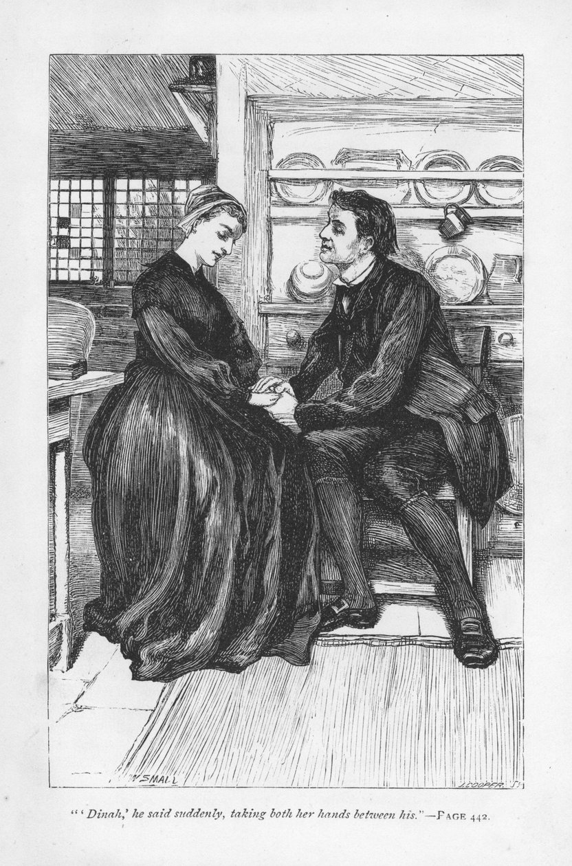物語の試練を乗り越えたAdam Bedeは、メソジストの説教師Dinah Morrisに愛を告げる。ジョージ・エリオット著『アダム・ビード』（1859年初版）。ウィリアム・スモール（1843-1929）による挿絵（1885年頃に出版された版より）。 作： ウィリアム・スモール
