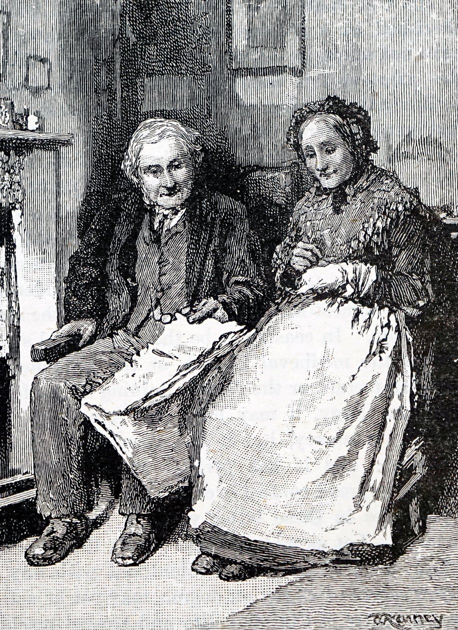 老夫婦。イギリスのイラストレーター、ウィリアム・スモール(1843-1929)によるもの。1880年（彫刻 作： ウィリアム・スモール