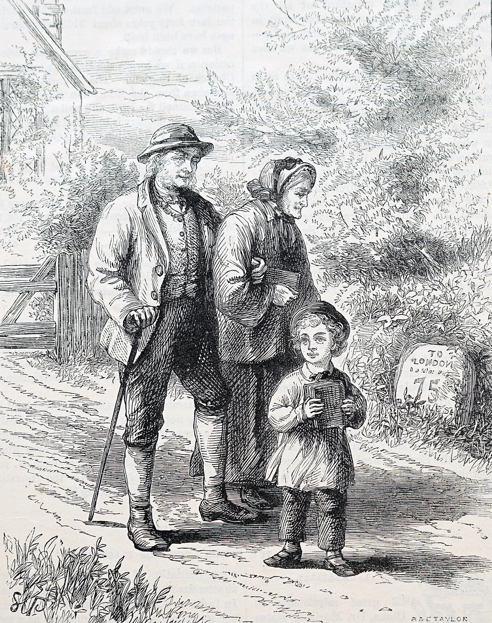 老夫婦とその孫。イギリスのイラストレーター、ウィリアム・スモール(1843-1929)によるもの。1880年（彫刻 作： ウィリアム・スモール
