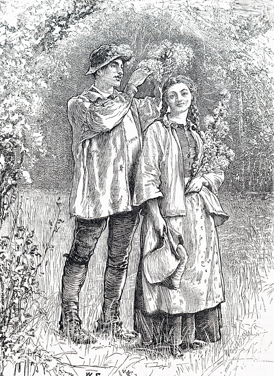 メイ・クイーンが恋人にサンザシの花輪を戴く様子。イギリスのイラストレーター、ウィリアム・スモール（1843-1929）によるもの。 作： ウィリアム・スモール