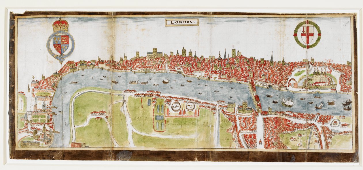 Sloane 2596, f.52 ロンドンを南から見た、テムズ川、ロンドン橋、塔が見える 作： ウィリアム・スミス
