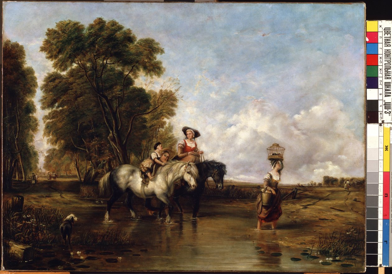 浅瀬を渡る (浅瀬を渡る)。 William I Shayer (1788-1879) の絵画。 キャンバスに油彩、94.5 x 127.5 cm。 19世紀の英語学校。 State M.K. Ciurlionis Art Museum、カウナス (リトアニア)。 作： ウィリアム・シニアシェイアー