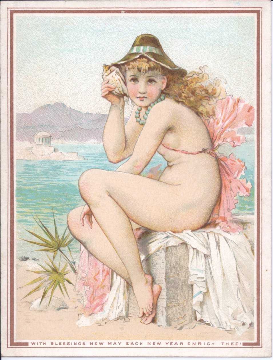貝殻を耳に当てたビーチでの水着美女のビクトリア朝の年賀状、1881年頃 作： ウィリアムスティーブンコールマン