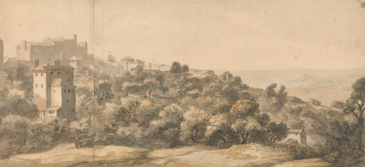 Uma paisagem italiana: vila em uma colina à esquerda, encosta inclinada para a direita, com vale distante além 作： ウィリアム・タヴァナー