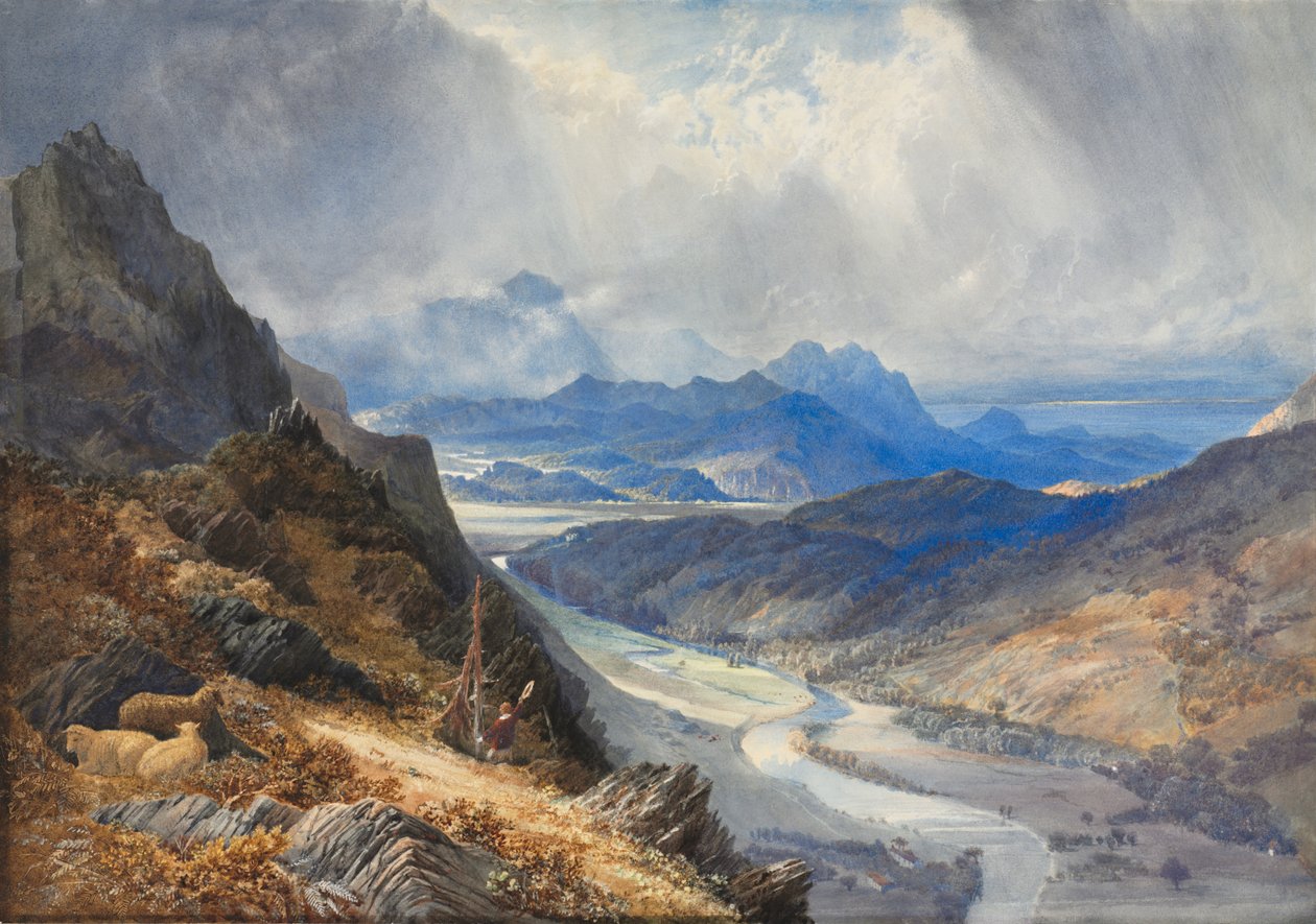 Moel Cynwich からの眺め: Afon Mawddach の谷と Cader Idris の方を見る 作： ジョセフ・マロード・ウィリアム・ターナー