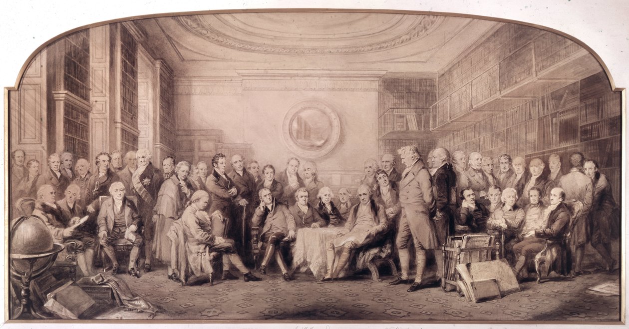 1807-1808年の科学界の著名人たち。イギリスの王立科学研究所の図書館での会合。ウィリアム・ウォーカーとサー・ジョン・ギルバート（1817 - 1897）によるエングレーヴィング - 1807年に生きた著名な科学者たち - Eminent Men of Science 作： ウィリアム・ウォーカー