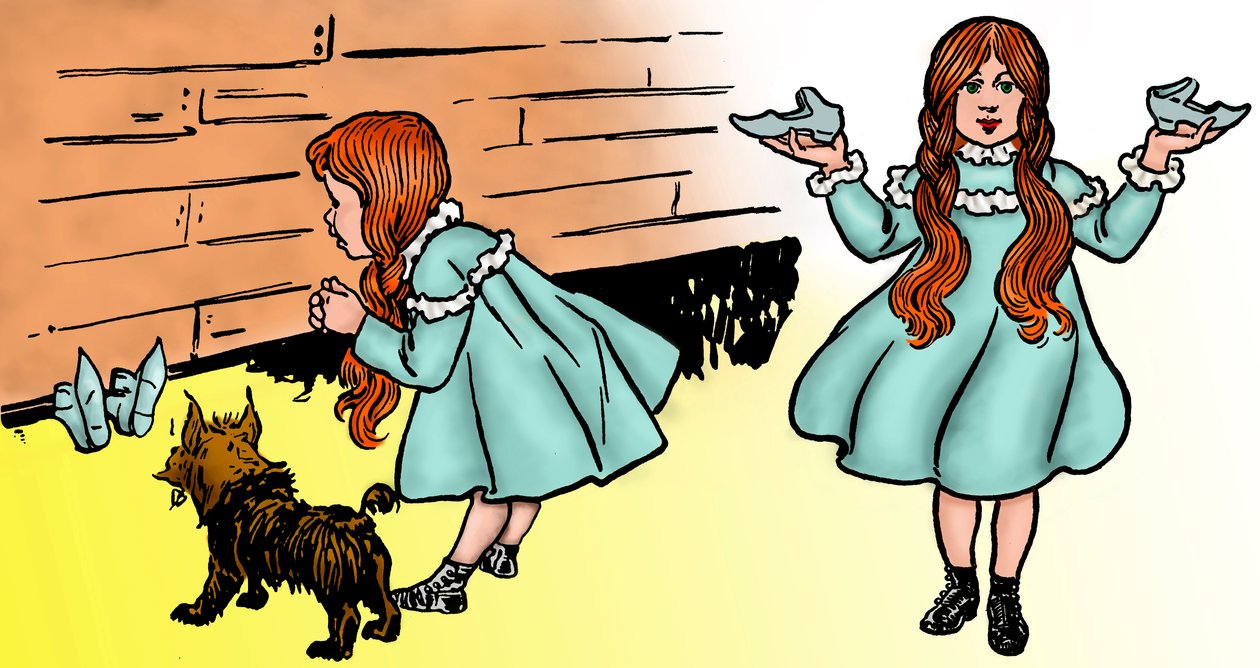 オズの魔法使い - The Wizard of Oz: Denslow, William Wallace (1856-1915)が、Frank Baum (1856-1919)の1900年の初版のために制作した2つの画像を編集中 - ドロシー(Dorothy)は、愛犬のトトを伴って、魔法の銀の靴を回復させる。 作： ウィリアム・ウォレス・デンスロー