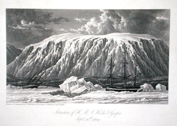 1819年9月20日、H.M.S.ヘクラとグリパーの状況（ウィリアム・エドワード・パリー著、1821年発行の「Journal of a Voyage for the Discovery of a North West Passage from the Atlantic to the Pacific performed in Year 1819-20」より）（エングレーヴィング 作： ウィリアム・ウェストール