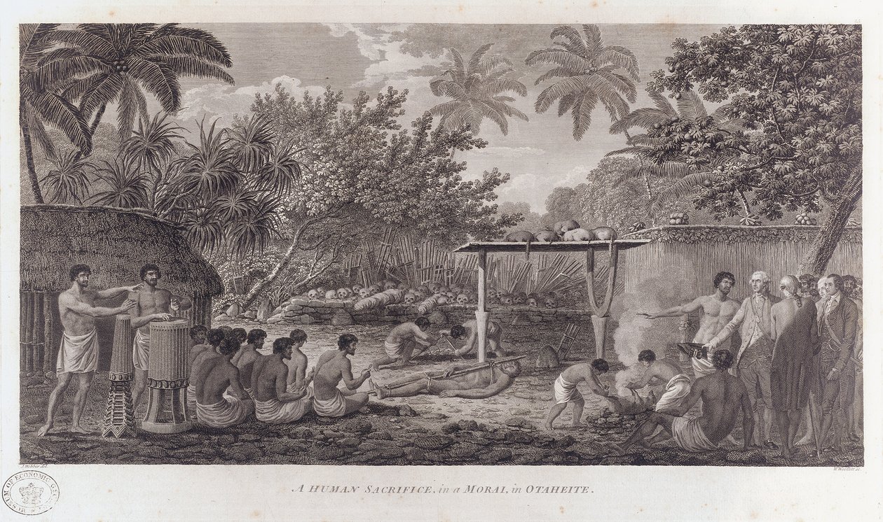 南太平洋のタヒチでの人間の犠牲、c1773 作： ウィリアム・ウーレット