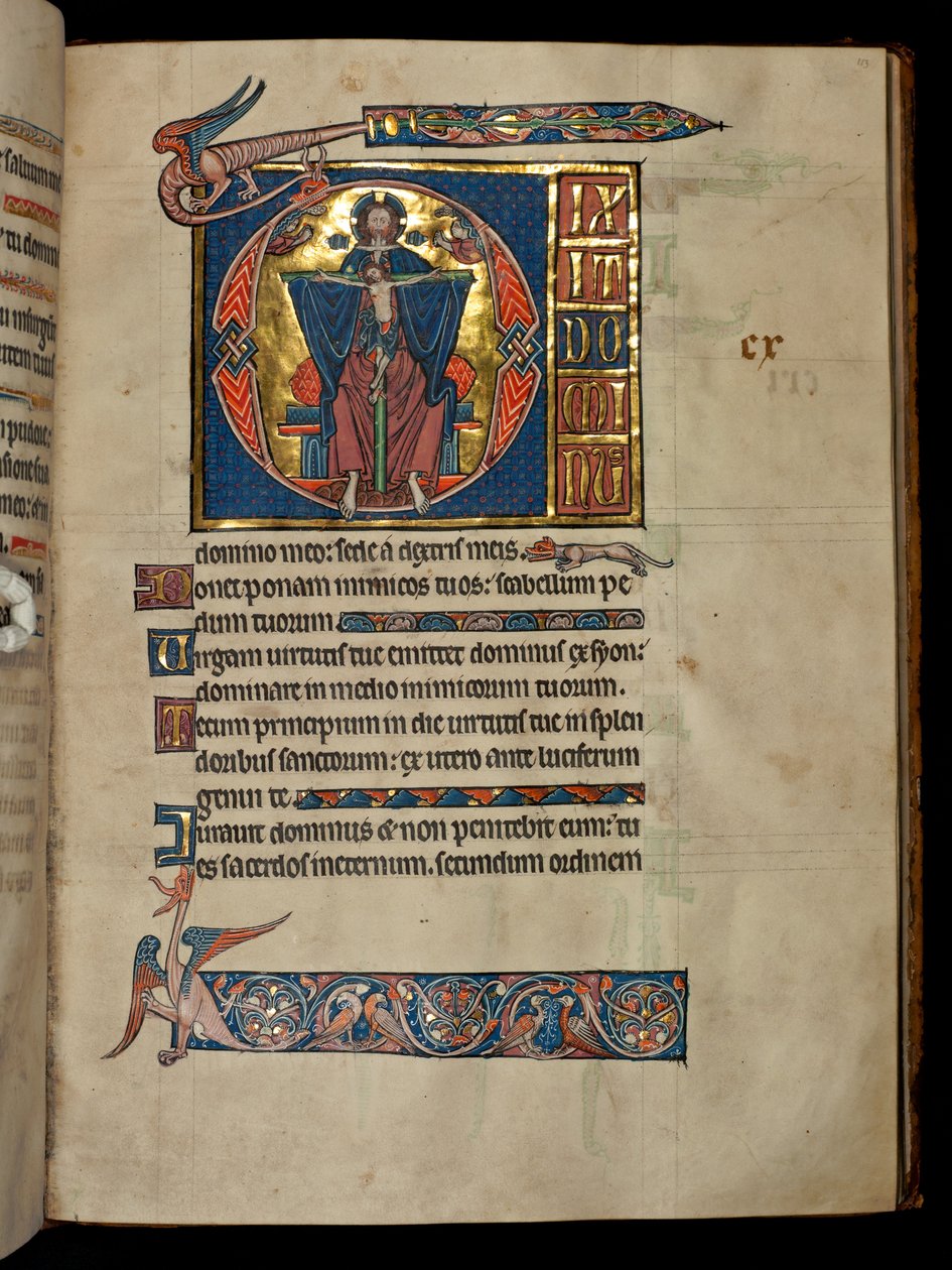 Ms 322 f.113r Psalm 109、initial D、The Holy Trinity、illustration from the &39;De Brailes Psalter&39;、c.1250 作： ウィリアム・ド・ブレイルズ