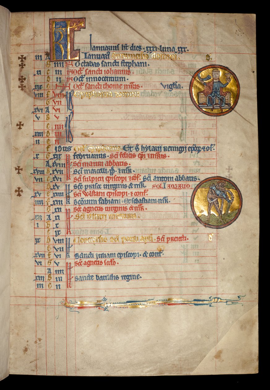 Ms 322 f.1r 1月、3頭の男が飲んでいる、「De Brailes Psalter」のイラスト、c.1250 作： ウィリアム・ド・ブレイルズ