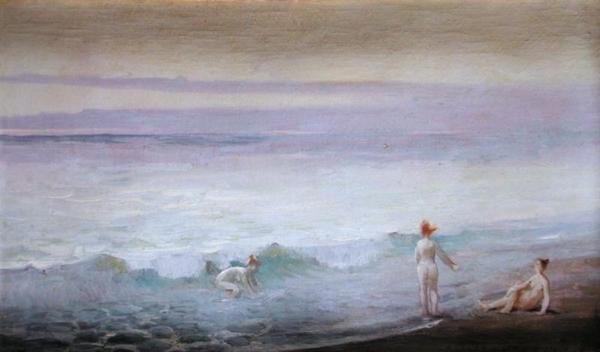 人物のいる海岸風景（油彩・キャンバス 作： ウィリアムデレフトウィッチドッジ